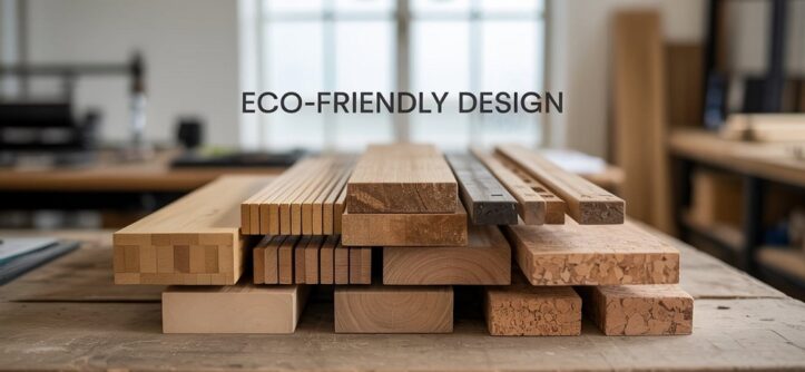 A collection of sustainable wood alternatives, including bamboo panels, reclaimed timber, and cork boards, arranged on a workbench as eco-friendly materials for design and construction projects.