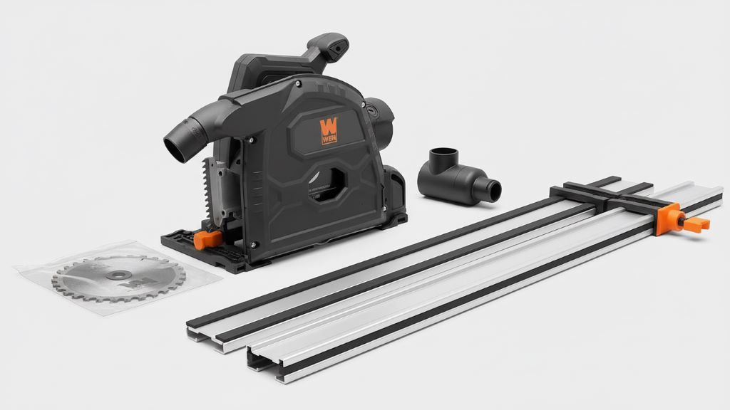 WEN track saw kit displayed with accessories including carbide blade, dust adapter, and compatible guide rail sections