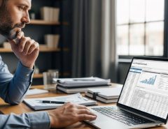 Business owner reviewing loan principal documents and financial statements on laptop
