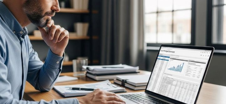 Business owner reviewing loan principal documents and financial statements on laptop