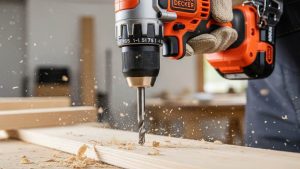 BLACK+DECKER cordless drill in action drilling wood for DIY project