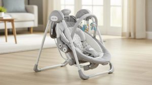 Folded compact design of Ingenuity Soothe n Delight swing showing portability for parents