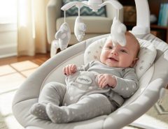 Happy infant relaxing in portable Ingenuity Soothe n Delight baby swing with soft padding.