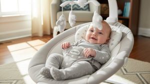 Happy infant relaxing in portable Ingenuity Soothe n Delight baby swing with soft padding.