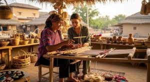 Local artisan teaching traditional craft to mindful traveler during authentic cultural exchange experience