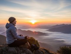 Traveler meditating peacefully at sunrise on a mountain overlooking misty valleys during mindful heartbeat tour
