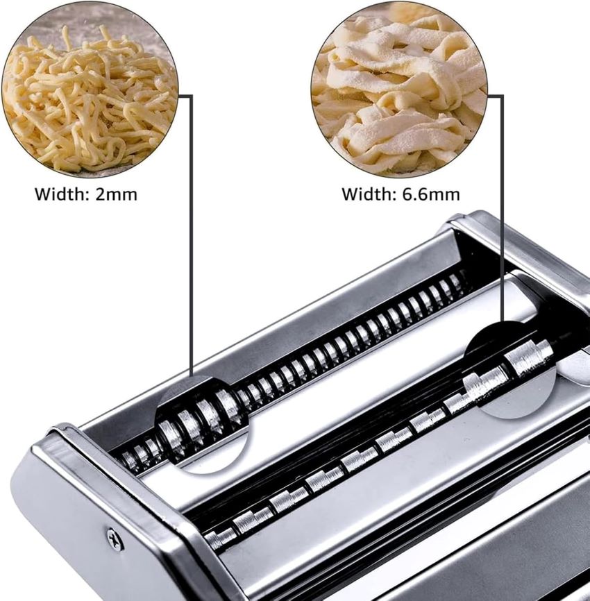 Close-up of MZTOGR pasta maker thickness adjustment dial and rollers.