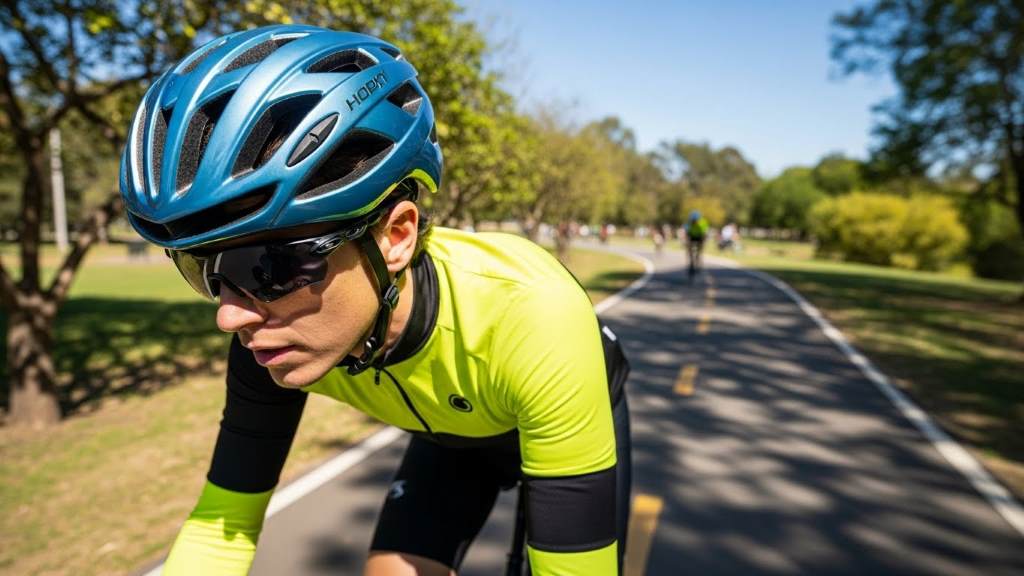 Person wearing multi-sport helmet while cycling on a sunny bike path