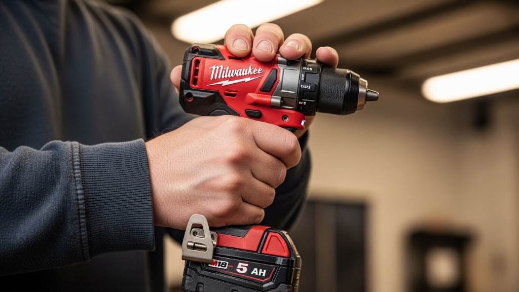 User holding Milwaukee cordless drill with battery, illustrating ergonomic grip for home use