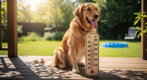 Golden Retriever lying on cooling mat in shaded backyard during hot weather