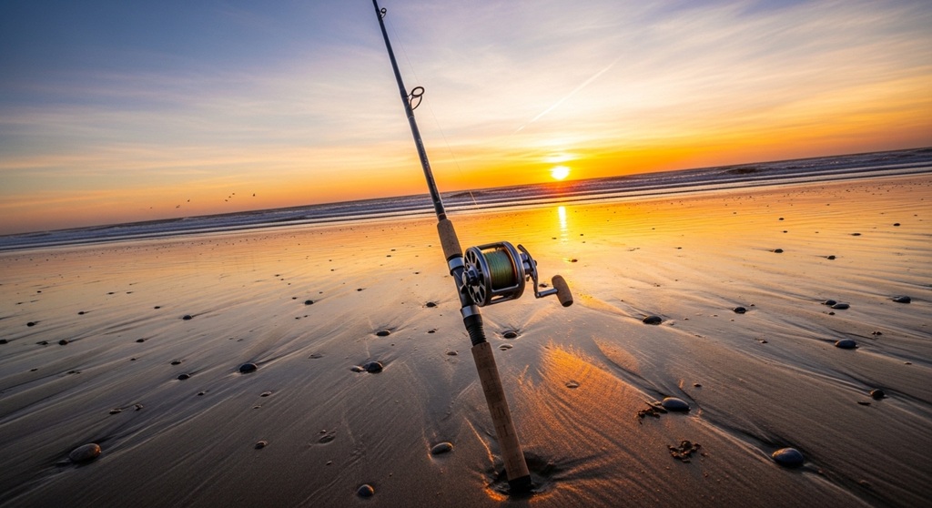 Angler casting heavy sinker rod from beach shoreline