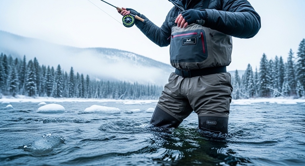 fisherman standing in icy stream with insulated fishing waders