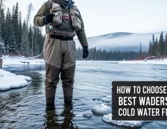 angler wearing insulated waders while fishing in cold river
