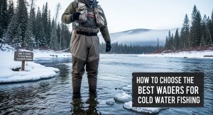 angler wearing insulated waders while fishing in cold river