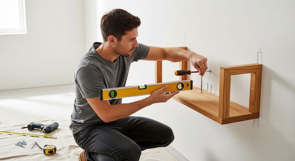 A man using a spirit level and screwdriver to mount a shelf on a white wall during a home repair project