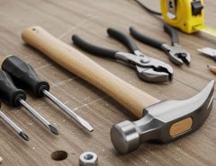 A neatly organized set of essential hand tools including a hammer, screwdrivers, pliers, and tape measure laid out on a wooden workbench