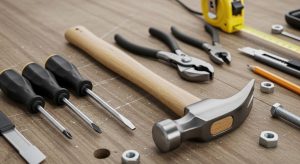 A neatly organized set of essential hand tools including a hammer, screwdrivers, pliers, and tape measure laid out on a wooden workbench