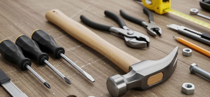 A neatly organized set of essential hand tools including a hammer, screwdrivers, pliers, and tape measure laid out on a wooden workbench