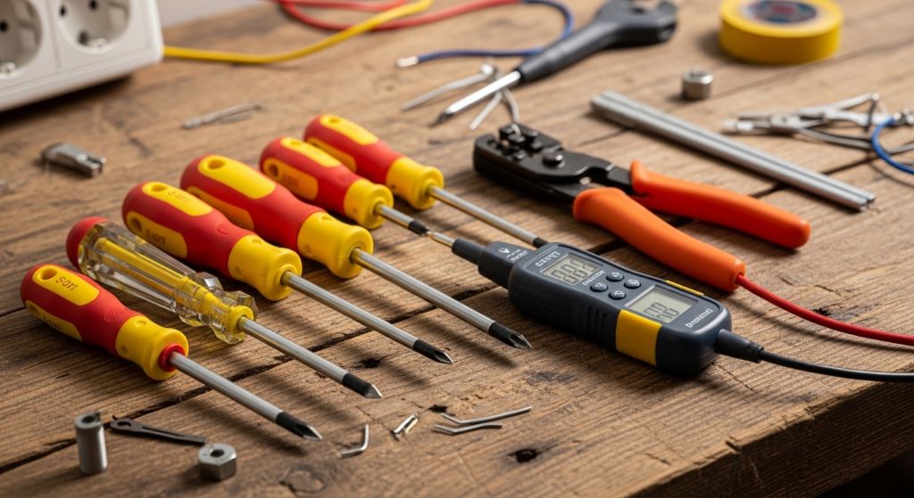Set of insulated tools including screwdrivers, wire strippers, and voltage tester laid out on a workbench for home electrical work