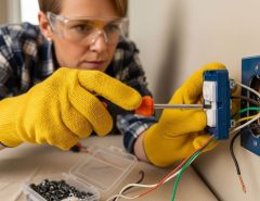 A DIY homeowner wearing safety gear electrical gloves and glasses while using insulated tools to replace a wall outlet
