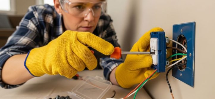 A DIY homeowner wearing safety gear electrical gloves and glasses while using insulated tools to replace a wall outlet