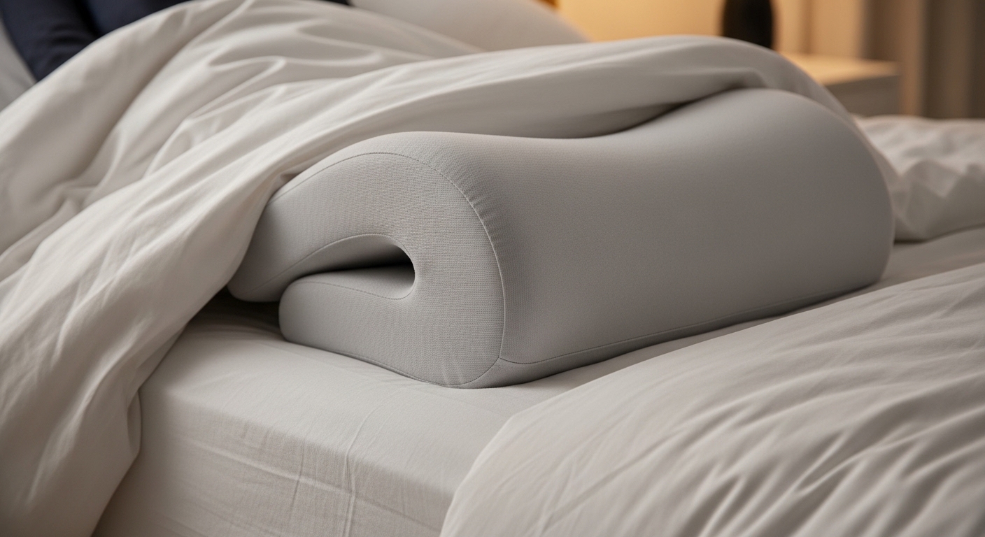 Side sleeper using memory foam knee pillow to reduce hip and back pressure