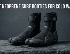 Pair of black 5mm neoprene surf booties on a grey background with title text.