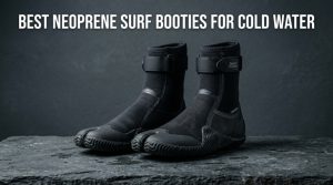 Pair of black 5mm neoprene surf booties on a grey background with title text.