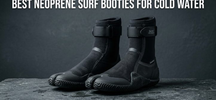 Pair of black 5mm neoprene surf booties on a grey background with title text.