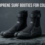 Pair of black 5mm neoprene surf booties on a grey background with title text.