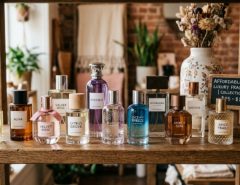 A collection of elegant perfume bottles displayed on a wooden shelf representing affordable luxury fragrance options