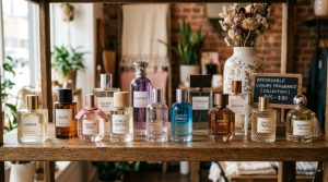 A collection of elegant perfume bottles displayed on a wooden shelf representing affordable luxury fragrance options