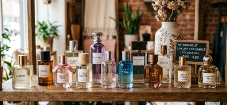 A collection of elegant perfume bottles displayed on a wooden shelf representing affordable luxury fragrance options