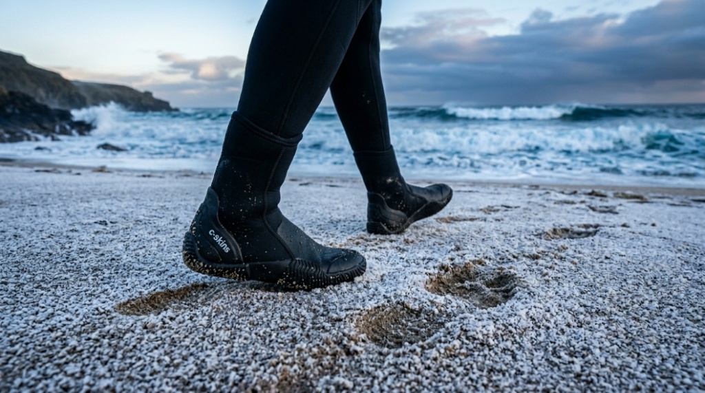Close-up of thermal fleece lining and waterproof seams inside a neoprene surfing boot.