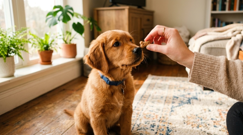A person hand-feeding a treat to a calm puppy sitting quietly indoors.
