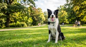 A happy border collie sitting peacefully on green grass in a park.