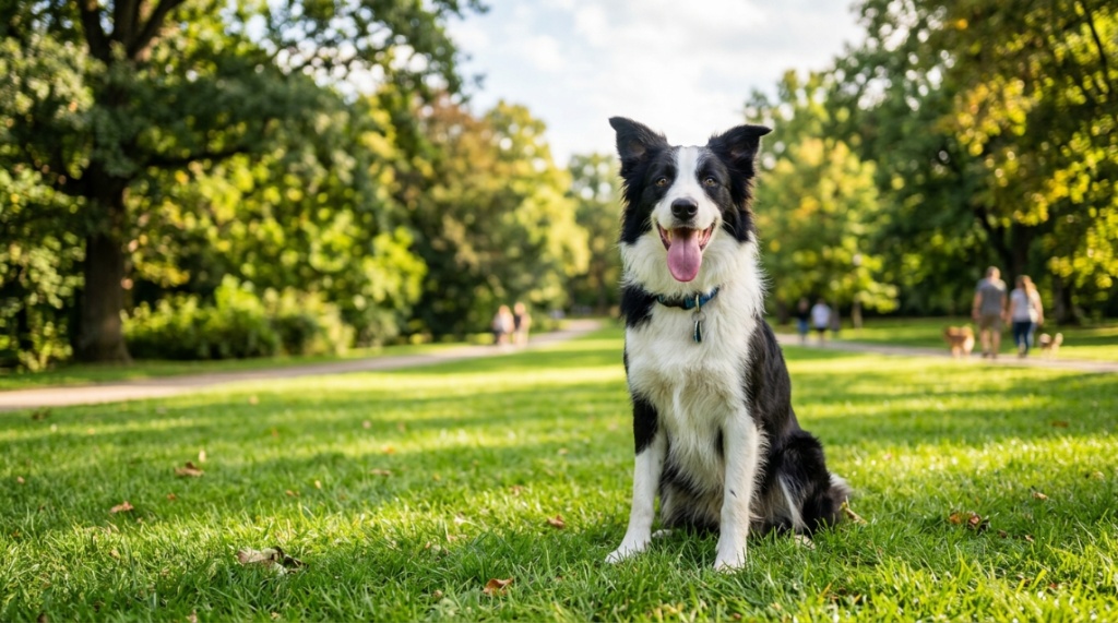  A happy border collie sitting peacefully on green grass in a park.