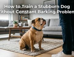 A stubborn bulldog sitting on a rug looking defiantly at its owner.
