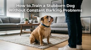 A stubborn bulldog sitting on a rug looking defiantly at its owner.