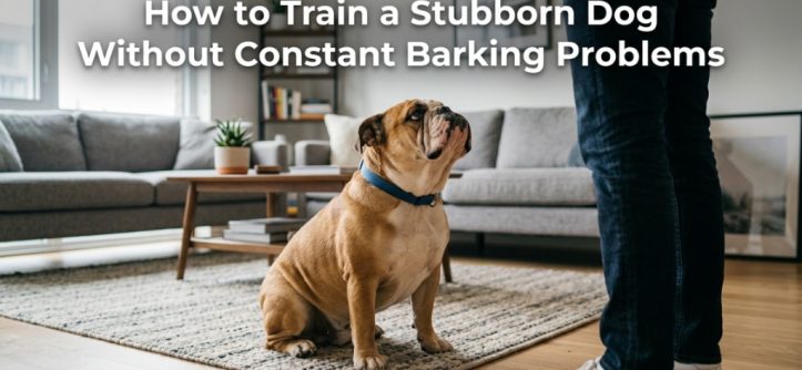 A stubborn bulldog sitting on a rug looking defiantly at its owner.