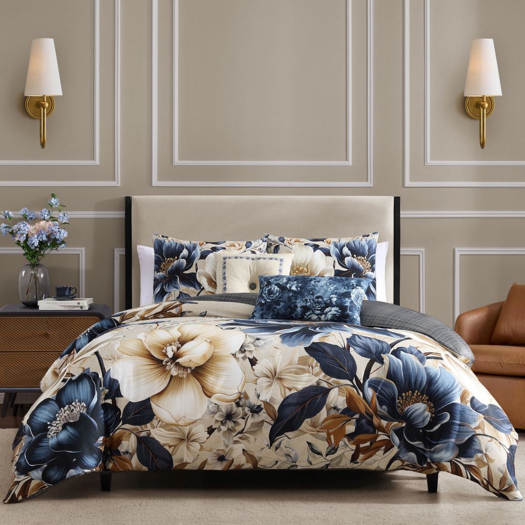 Budget-friendly queen bed sheets and comforter set with elegant bedroom décor.