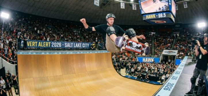 Tony Hawk performing a trick on a vert ramp at the Jon M. Huntsman Center during Vert Alert 2026 in Salt Lake City, Utah