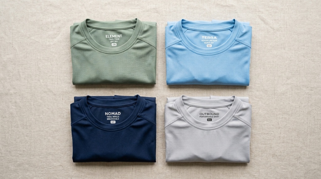 Affordable cooling long sleeve sun shirts neatly folded on a neutral background.