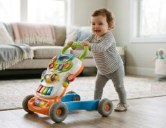 Smiling baby pushing a colorful wooden activity walker across a bright living room.