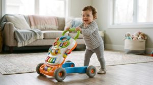 Smiling baby pushing a colorful wooden activity walker across a bright living room.