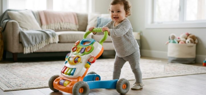 Smiling baby pushing a colorful wooden activity walker across a bright living room.