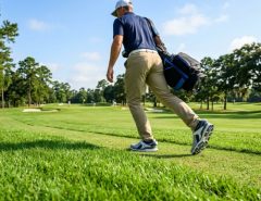 Golfer walking on green grass fairway wearing supportive white golf shoes.