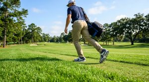 Golfer walking on green grass fairway wearing supportive white golf shoes.