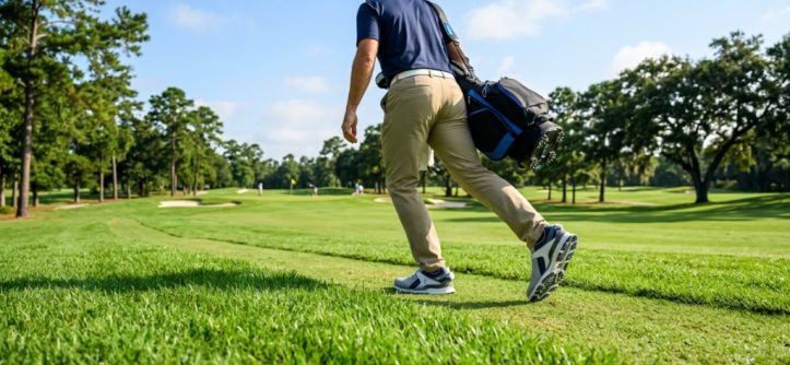Golfer walking on green grass fairway wearing supportive white golf shoes.