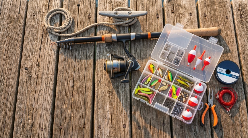 Open tackle box filled with colorful lures hooks and plastic bobbers.